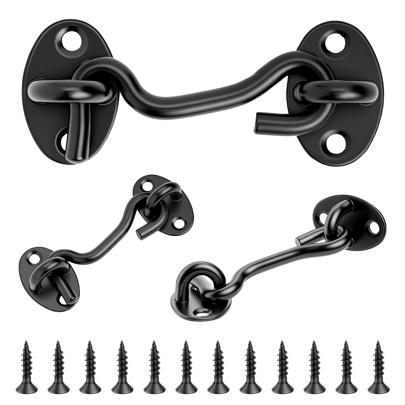 Thirtyseven Black-A 3 Pairs Cabin Hook And Eye Latches, 2.95" Stainless Steel Gate Hook And Eye Latches, Garden Gate Latch For Wooden Gates, Black Door Latch Lock Shed Lock, Cabin Hooks For Doors Outside Garage Doors