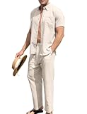 Men’s 2 Piece Linen Outfit Summer Beach Short Sleeve Button Down Shirt and Pants Set