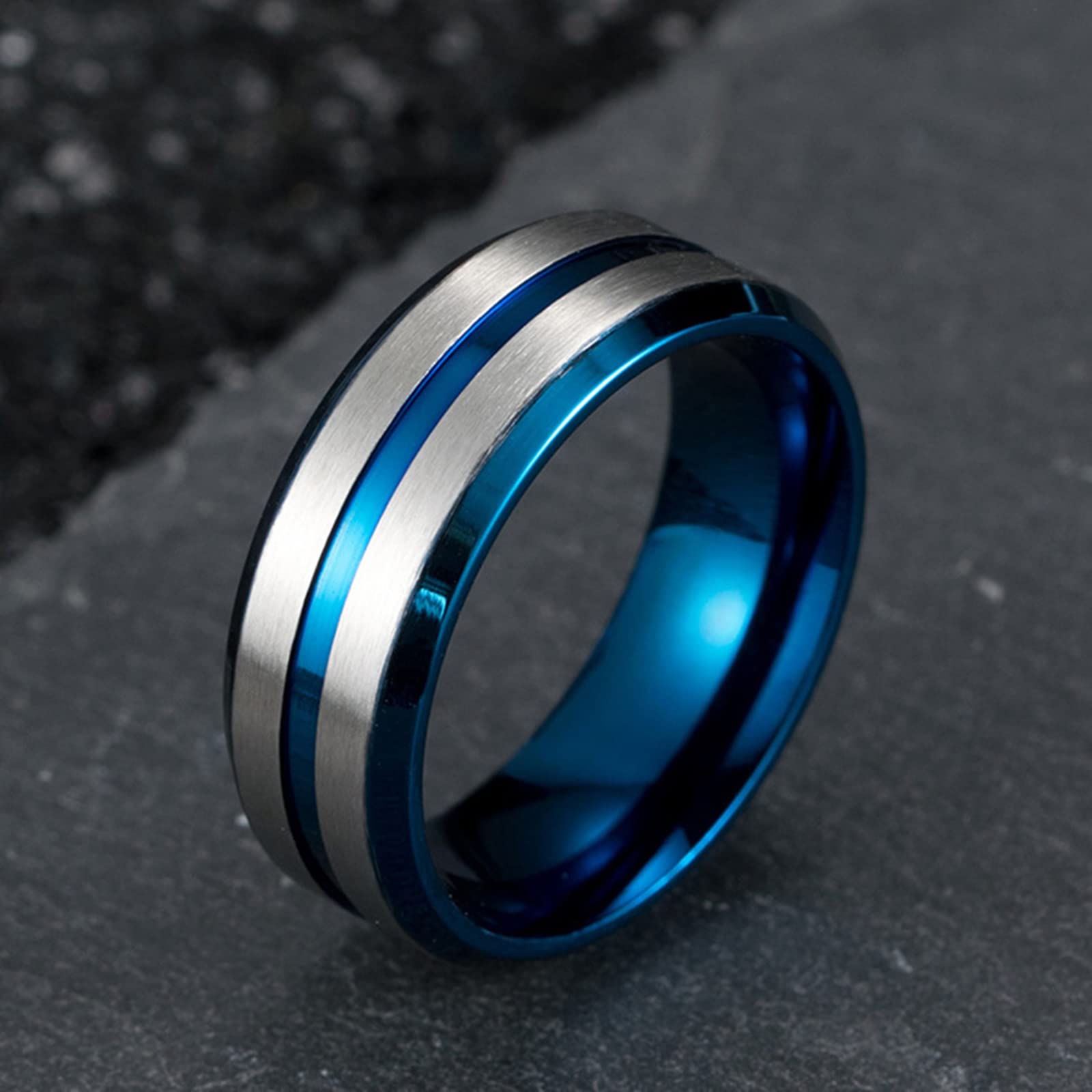 Anelli per Coppie in Acciaio Inossidabile, Anelli per Lui e per lei Anello Personalizzato in Argento Spazzolato Blu da 8 mm dalla Taglia L 1/2 alla Taglia N 1/2