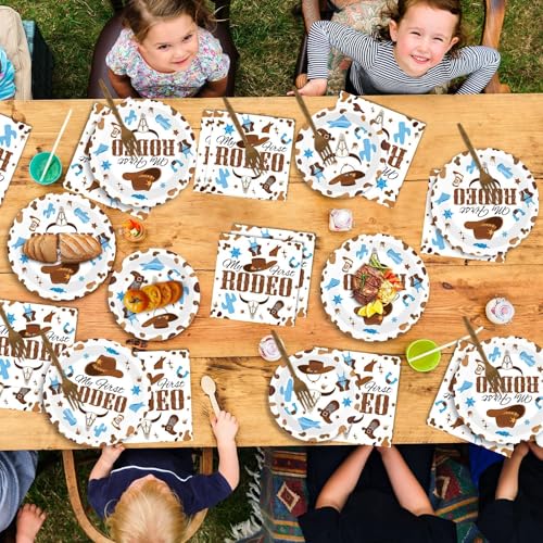 Image of 96 Pcs My First Rodeo Birthday Party Supplies Paper Plates Napkins Western Blue Cowboy 1st Rodeo Party Birthday Tableware Set Decorations Favors for Boy Baby Shower Serves 24