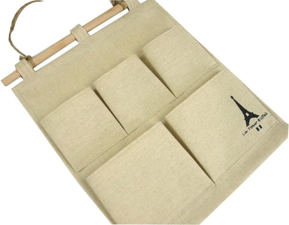 Niubai Retro Towel Cotton/Linen Fabric Wall Hanging Organizer 5-Pockets Hanging Storage Bag