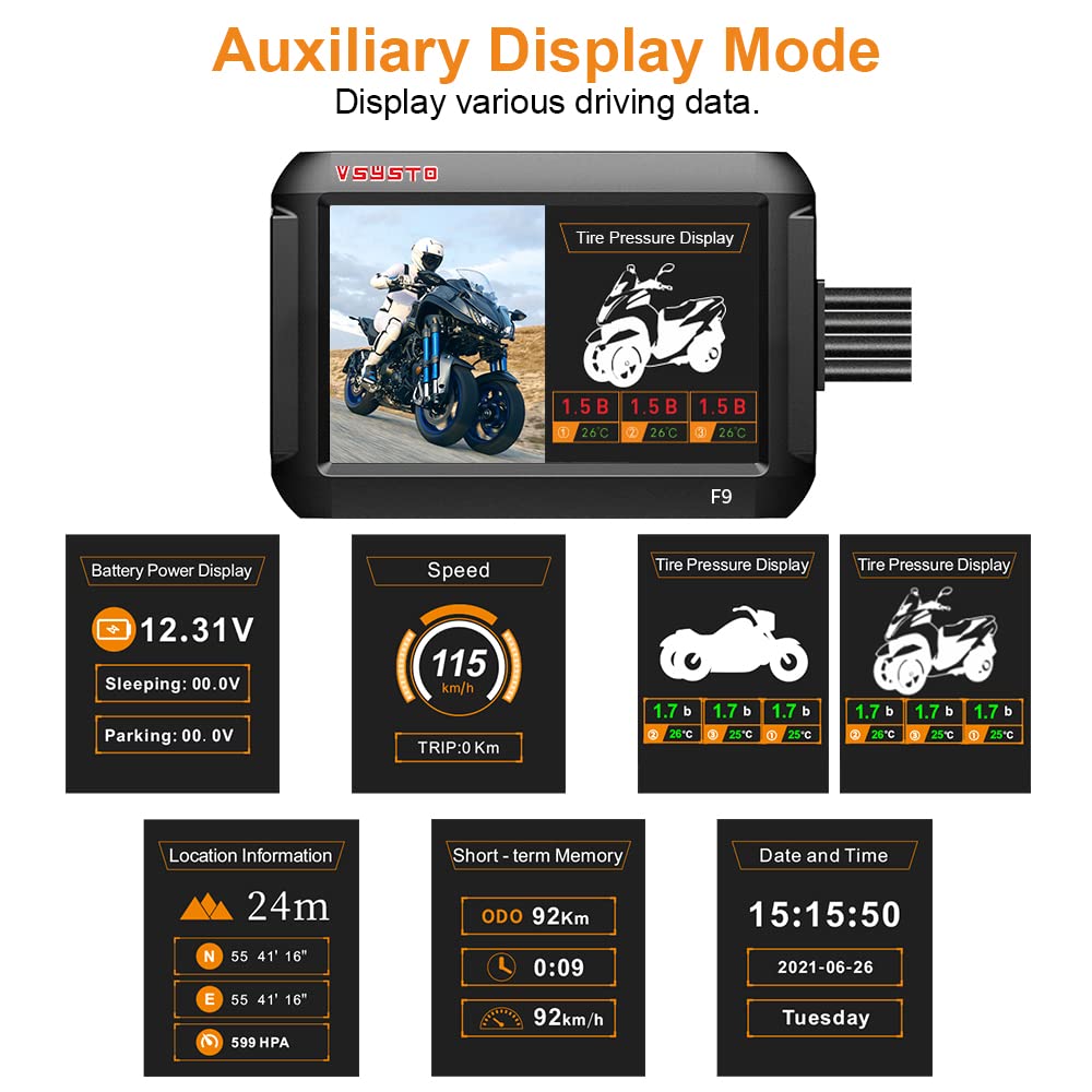 VSYSTO Enregistreur de Moto avec Trois Capteurs de Pression des Pneus Double Caméra Avant et Arrière 1080P Écran de 4,0 Pouces Wi-FI GPS WDR Étanche (6 Couches de Verre + 150° Grand Angle)