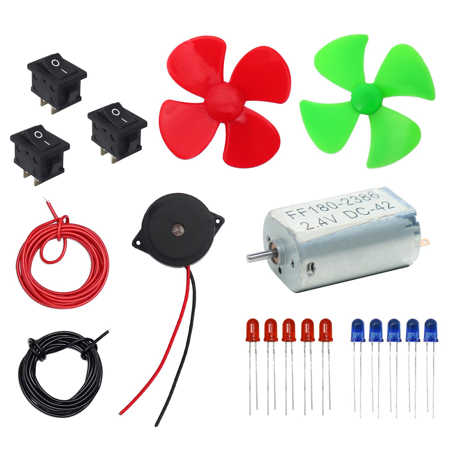 Electronic Spices -Electronic Projects Starter Kit for little enginners - fan blade, motor, buzzer, all colour 5MM LED, and wire