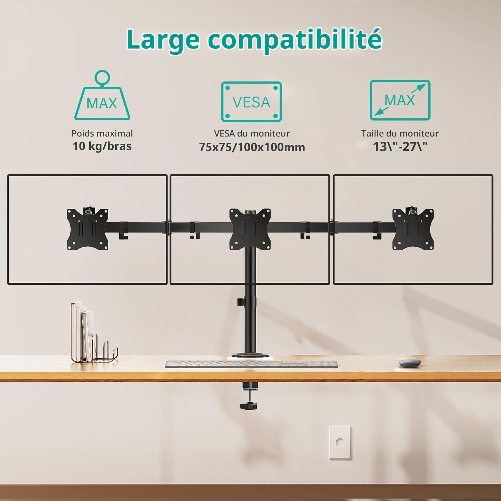 WALI Support Triple Moniteur, Support Robuste pour écrans de 13 à 27", Support de Bureau réglable pour 3 moniteurs avec Pivot, Inclinaison, Rotation, Pince et œillet (M003SN), Noir