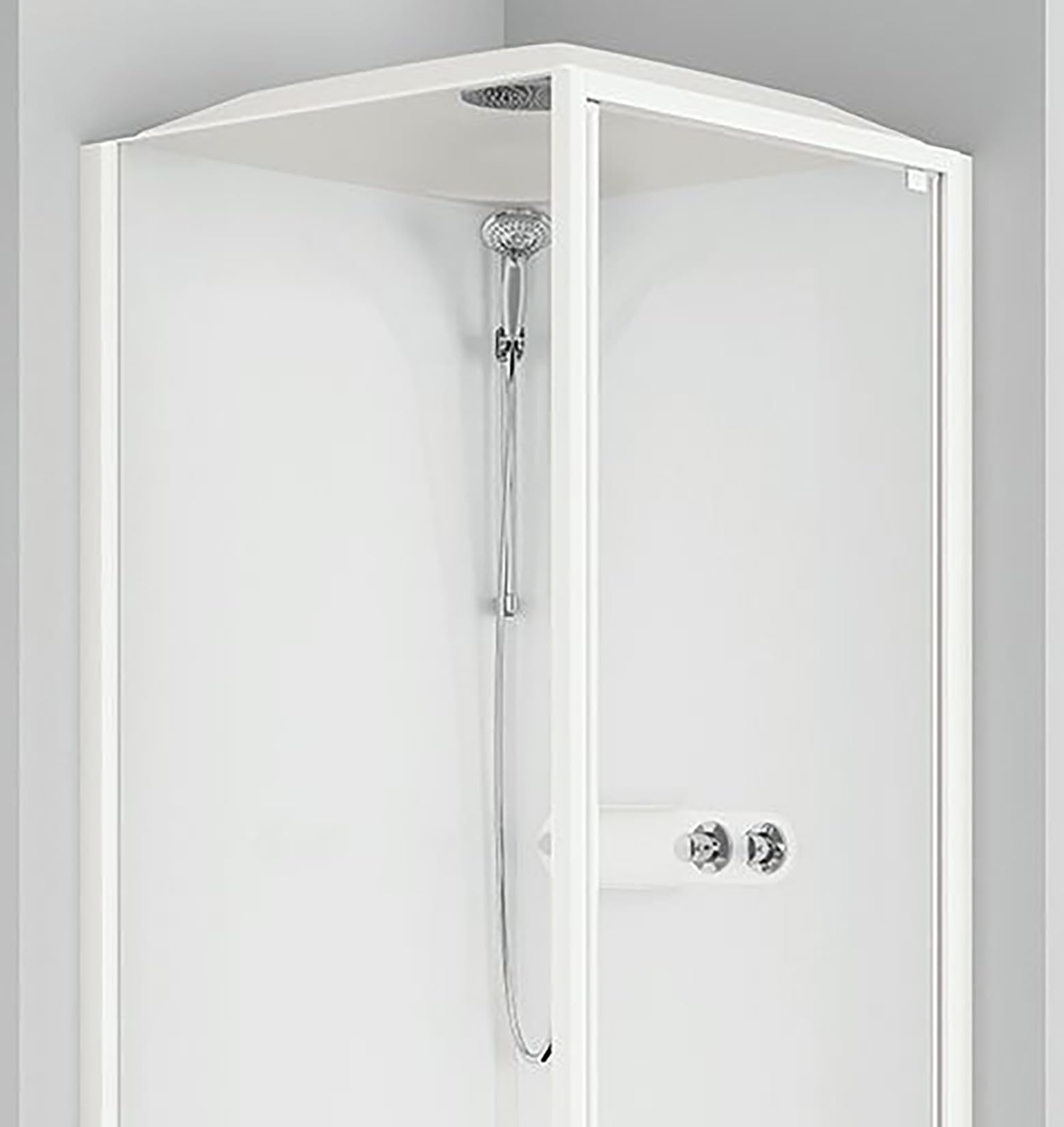 Novellini Media Glass GF Standard Techo Cabezal de ducha 80 x 80 cm Cabina de ducha baño multifunción apertura batiente montaje esquina mezclador mecánico cristal transparente perfil blanco altura 226