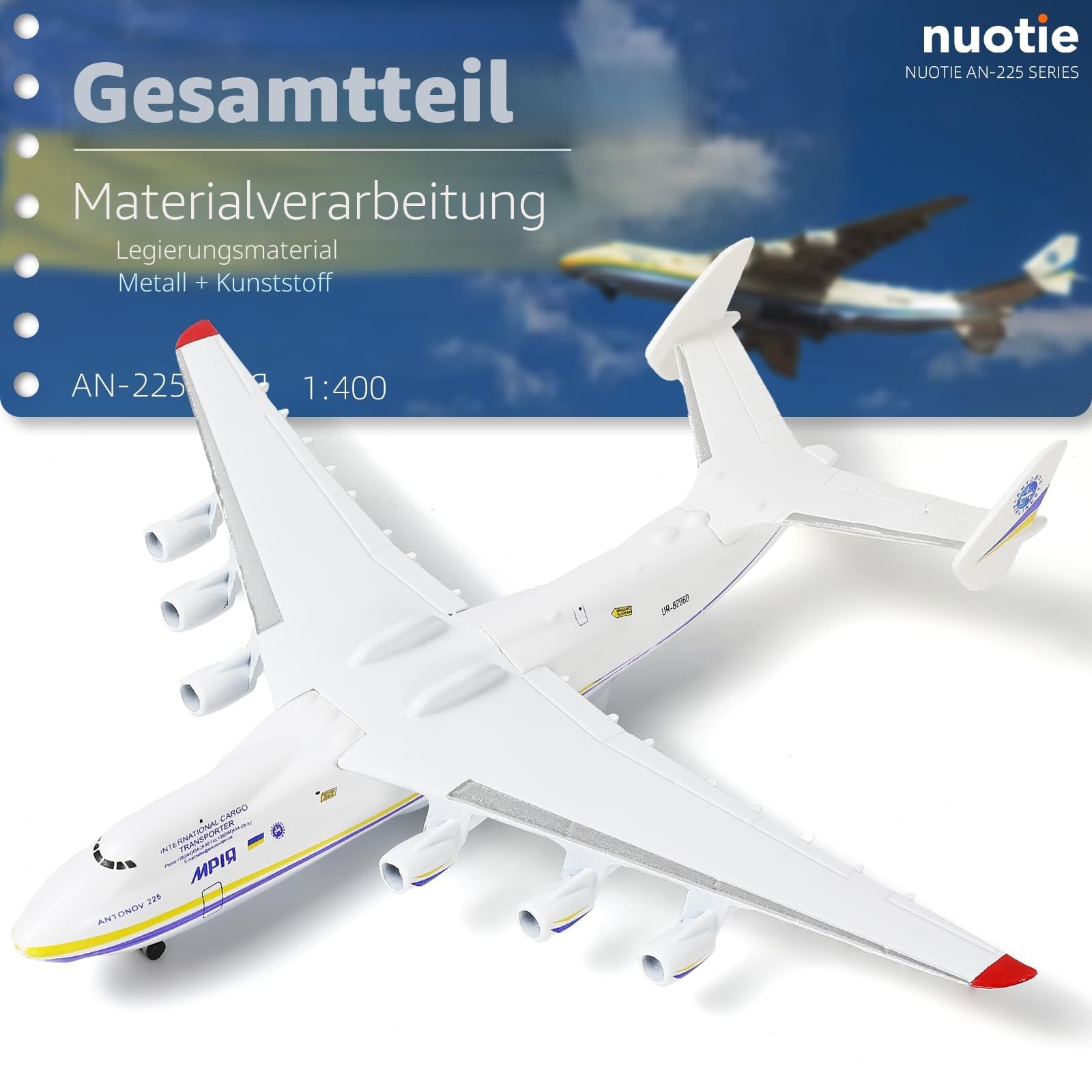 NUOTIE Antonov AN-225 Mriya 1/400 Diecast Metall Flugzeug Modellbausatz Militärtransport Flugzeugmodell mit Ständer für Sammlungen oder Geschenk (Ukrainische Malerei)