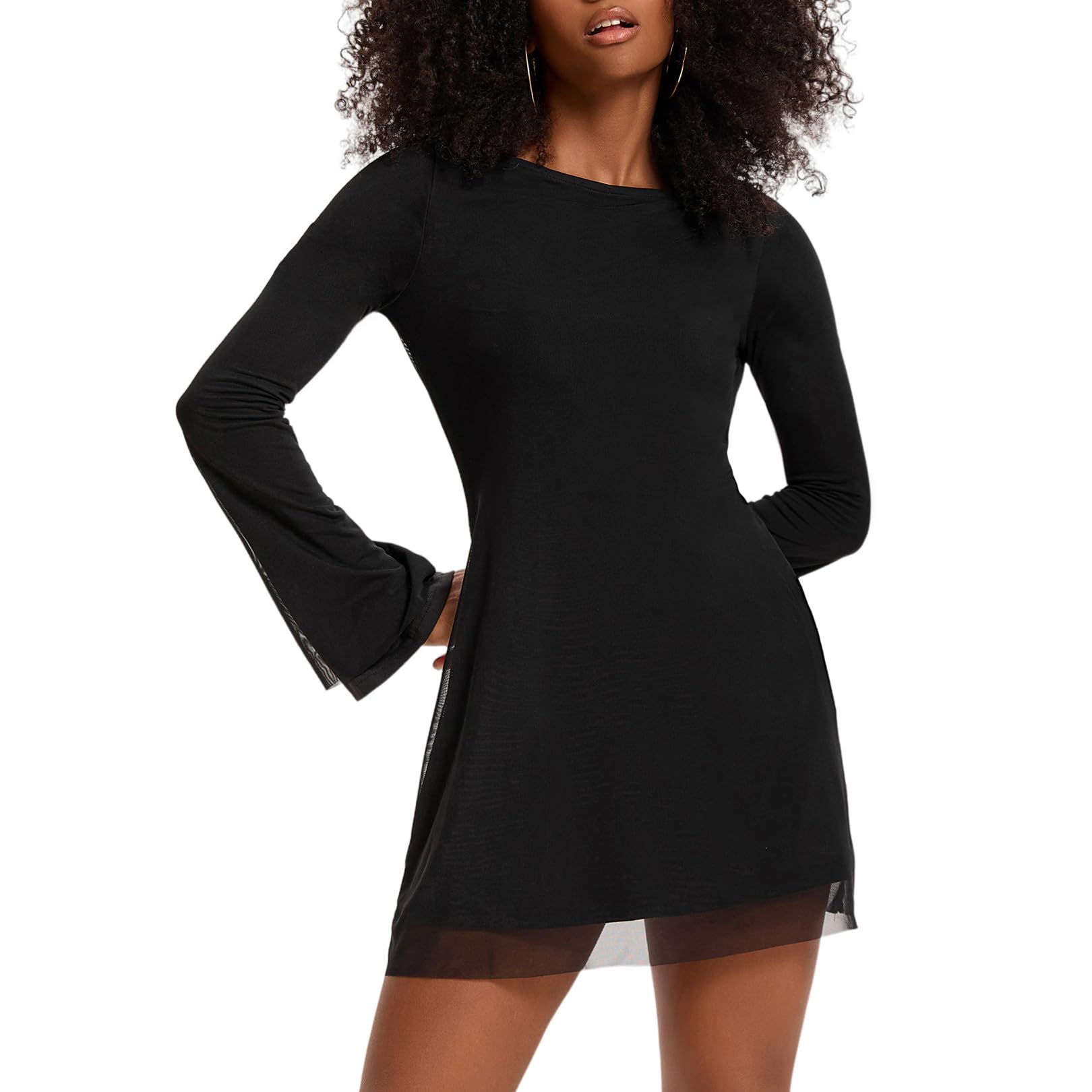 Topcloset Womens Fall Long Sleeve Mini Dress Boat Neck Going Out Cocktail Bell Sleeve Dresses Date Night Outfits