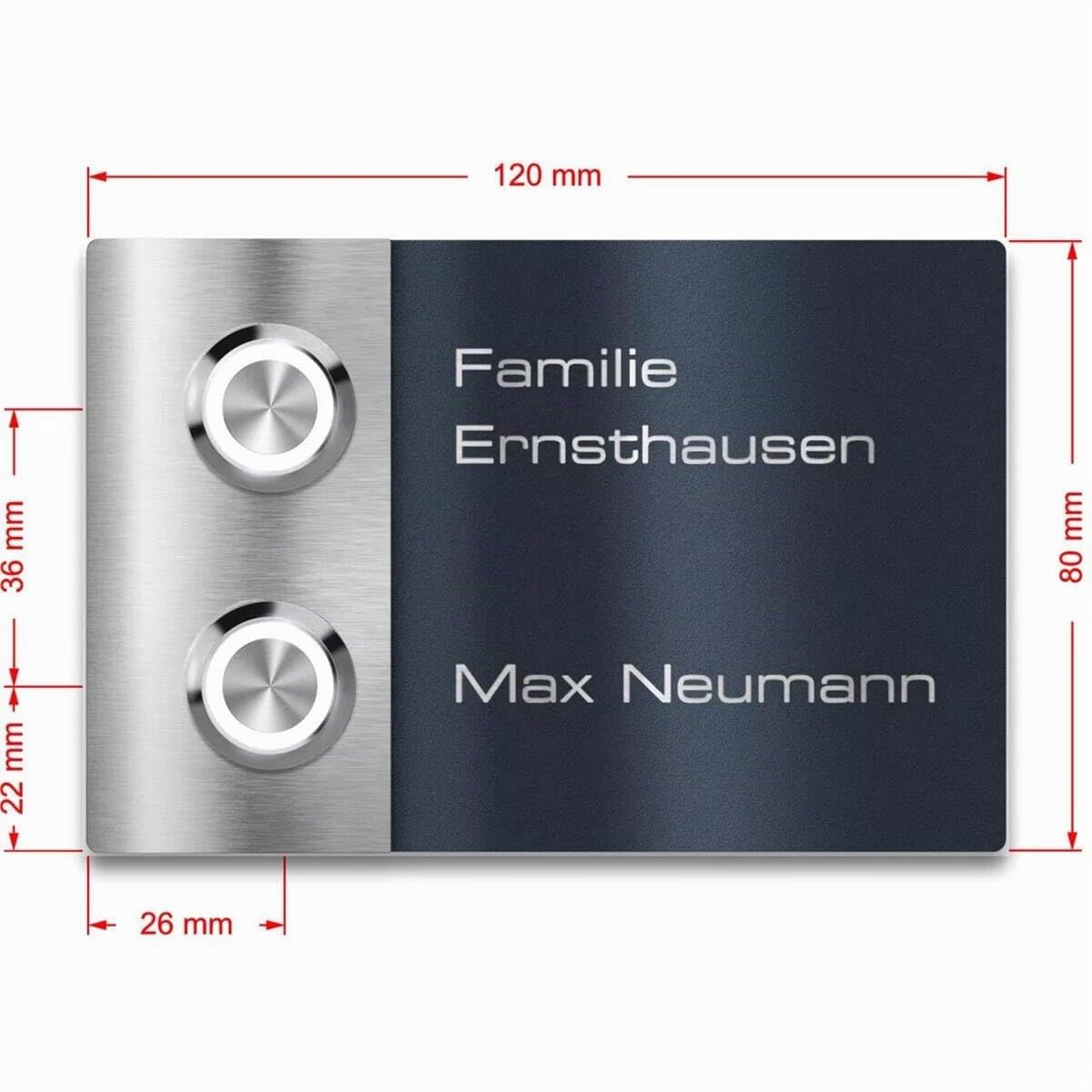 Metzler Türklingel für Mehrfamilienhäuser mit Gravur - Namensschild Pulverbeschichtet in RAL 7016 - Edelstahl Klingel zur Unterputz-Montage - Größe: 12 x 8 cm