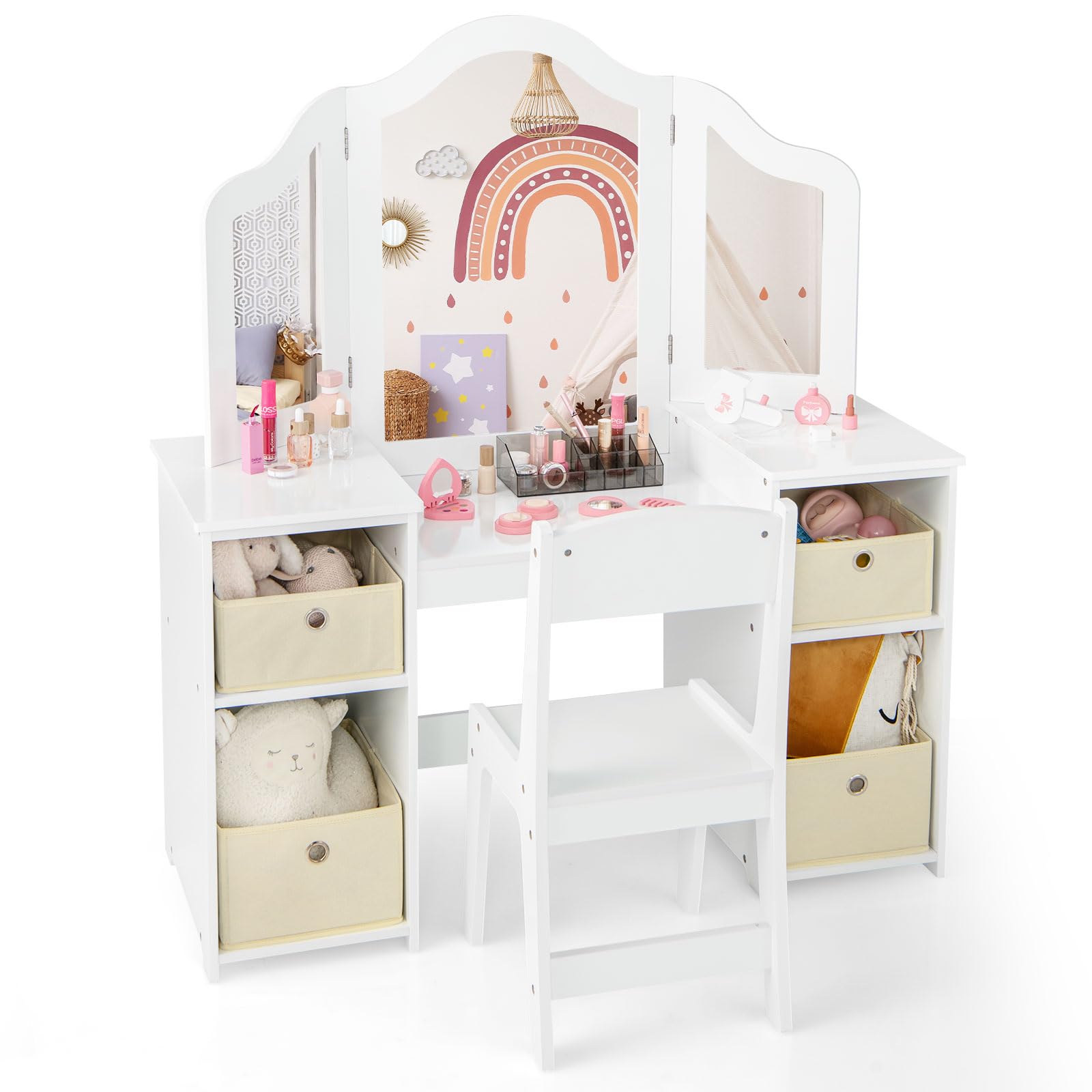 COSTWAY Toeletta Trucco 2 in 1 per Bambina, Specchiera Staccabile per Ragazza in Legno Robusto con 4 Cassetti in Tessuto, Sgabello e Specchio, Postazione Trucco per 3 Anni, 104 x 40 x 117 cm (Bianco)