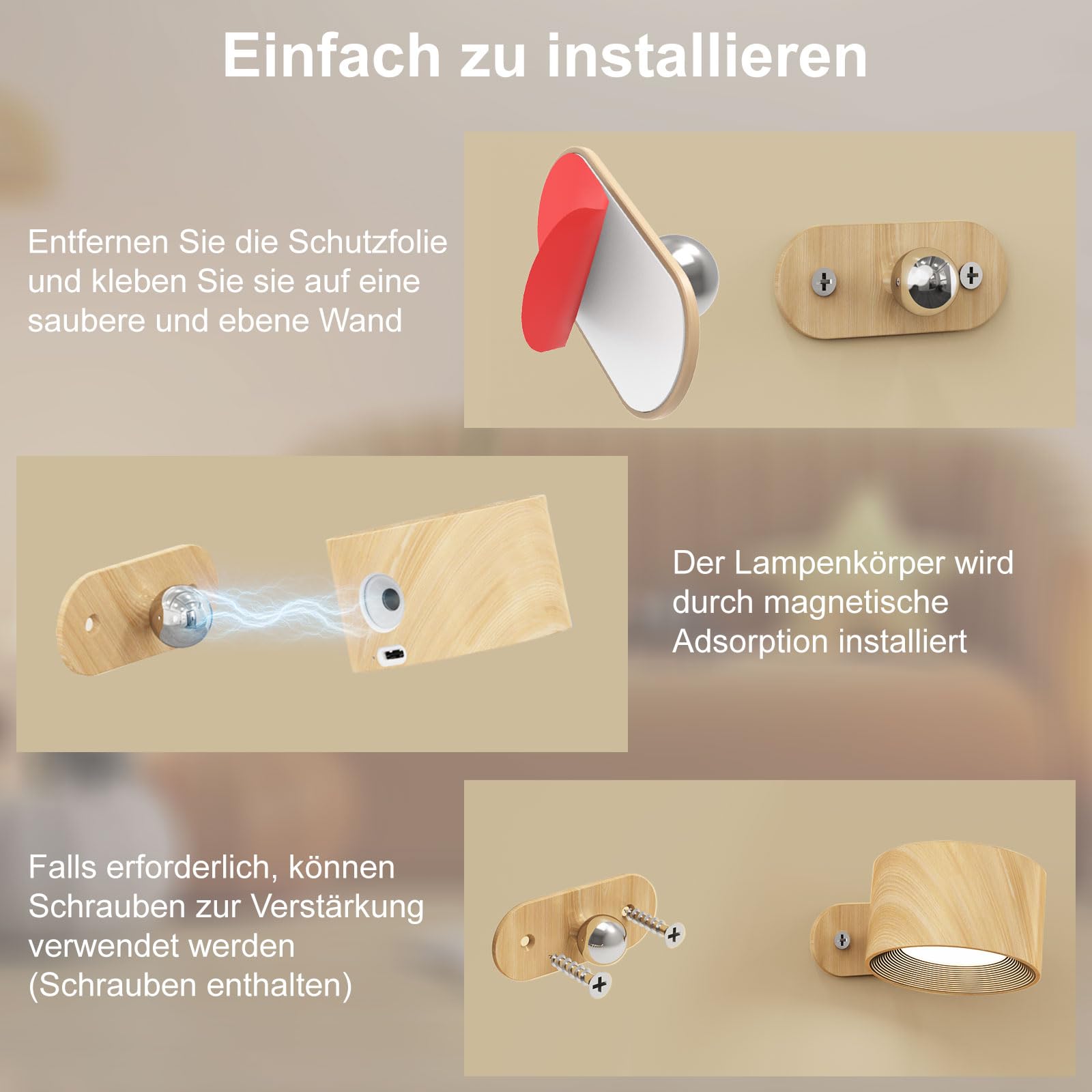 Feallive LED Wandleuchte Innen, Wandlampe mit Akku 2 Stück,Touch Control 3 Helligkeitsstufen, 360° drehbare, für Wohnzimmer Schlafzimmer TreppenhausFlur kabellose wandleuchten Holzmaserung