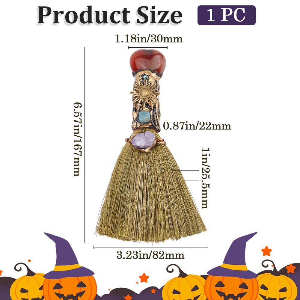 GORGECRAFT Natural Carnelian Magic Sweeper Broom Mini Broom Halloween Display Decor Faux Amethyst Crystal Witches Broomstick Witches Accessory for Costume Cosplay Party Cleaning Bedroom Office Home