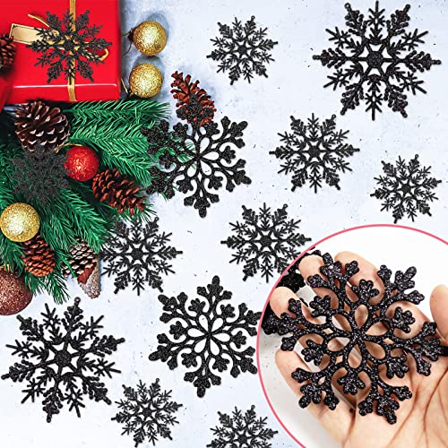 Image of 36pcs Black Christmas Snowflake Ornaments, Plastic Glitter Hanging Snow Flakes for Christmas Tree Decorations Winter Wonderland Frozen Birthday Party Holiday Home Decor Craft Snowflakes