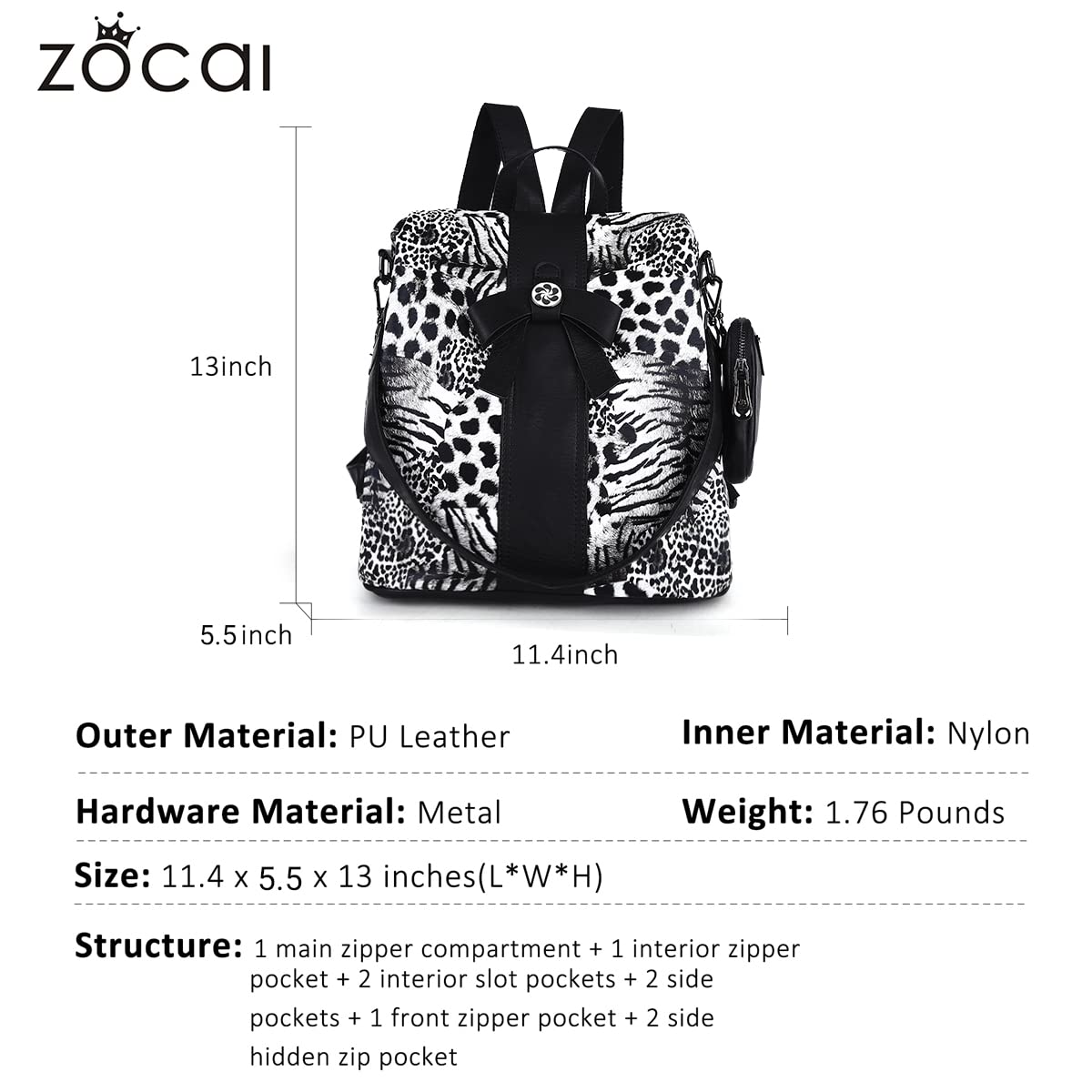 ZOCAI Mochila monedero para mujer de moda, carteras, de piel sintética, mochila diaria, antirrobo, bolso de hombro, monedero, Leopardo negro., M