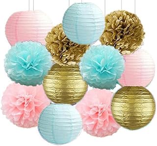 12PCS Gender Reveal Party Supplies Mixed Baby Blue Pink Gold Party Tissue Pom Poms Paper Lantern Baby Shower Birthday Wedding Party Hanging Decorations