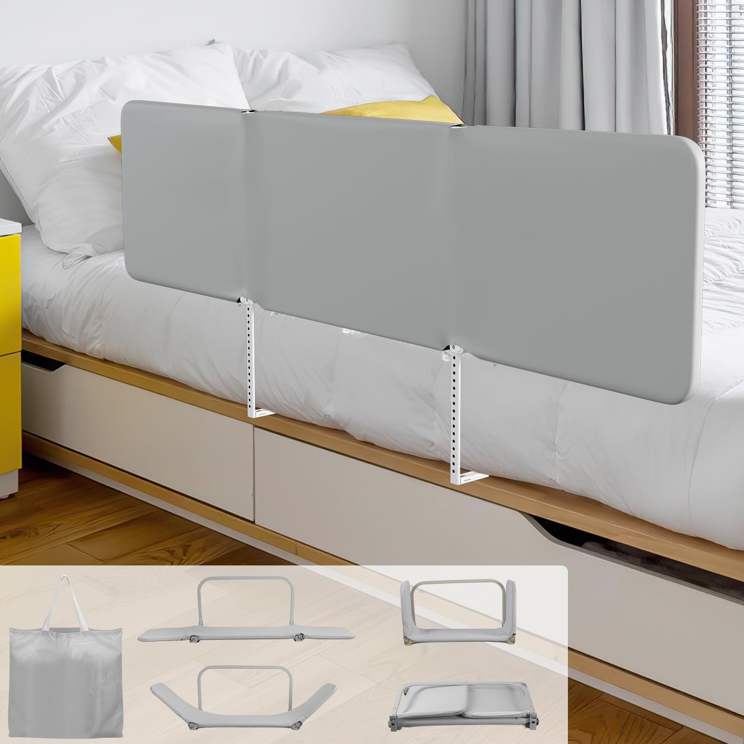 Rausfallschutz Bett Kinder, klappbares Bettgitter höhenverstellbar | 180cm Bettgitter für Kinderbett mit 20 Höhenstufen, Gurten und Tasche, Grau, für Kinderbett, Elternbett und Boxspringbett