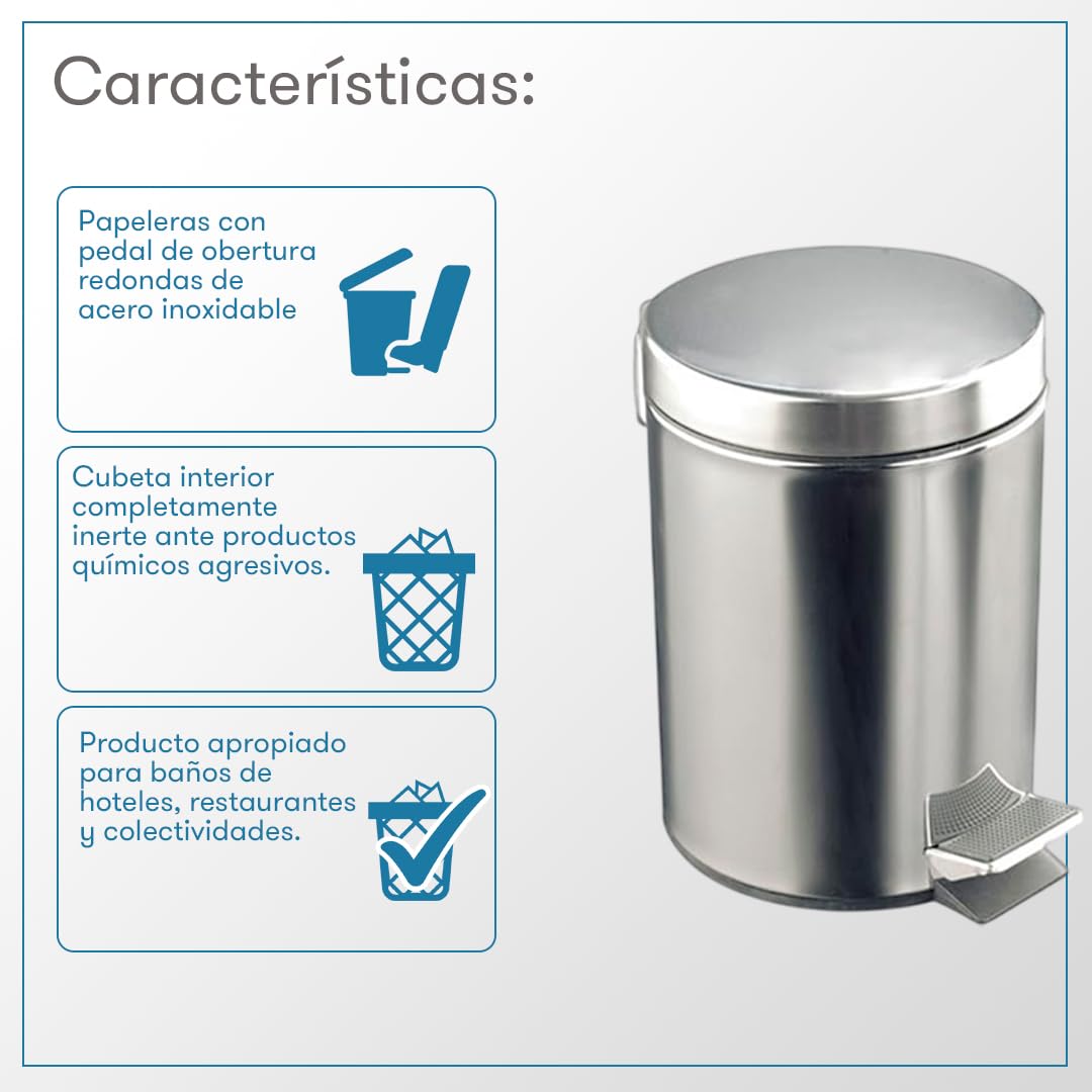Rocada | Papelera con Pedal - Acero Inoxidable - Cubo Interior Extraíble - Cierre Amortiguado - Capacidad de 12 Litros - Medidas 25 x 40 x 25 cm - Uso Diario