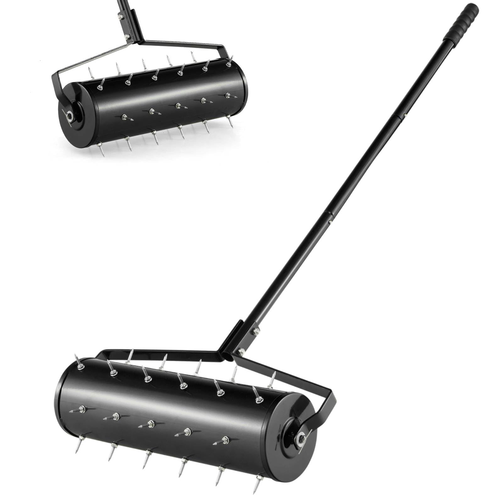 TANGZON 53 x 14 x 130cm Lawn Aerator, Heavy-Duty Rolling Spreader Lawn Care Tool with 130cm Metal Handle, Fillable Drum, Manual Aerator Gardening Roller (Black)