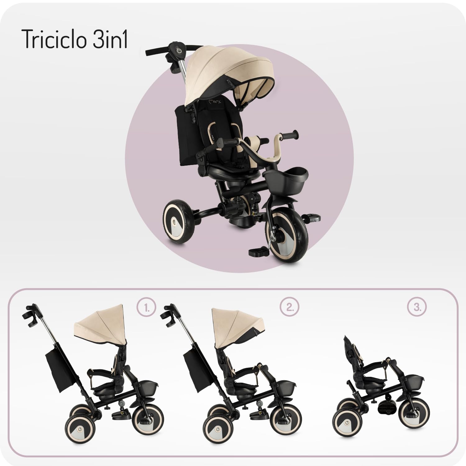 Triciclo per bambini MoMi IVI, seduta girevole 360°, cinture a 3 punti, poggiapiedi, tettuccio parasole, ruote EVA, manubrio regolabile, borsa e cestino portaoggetti