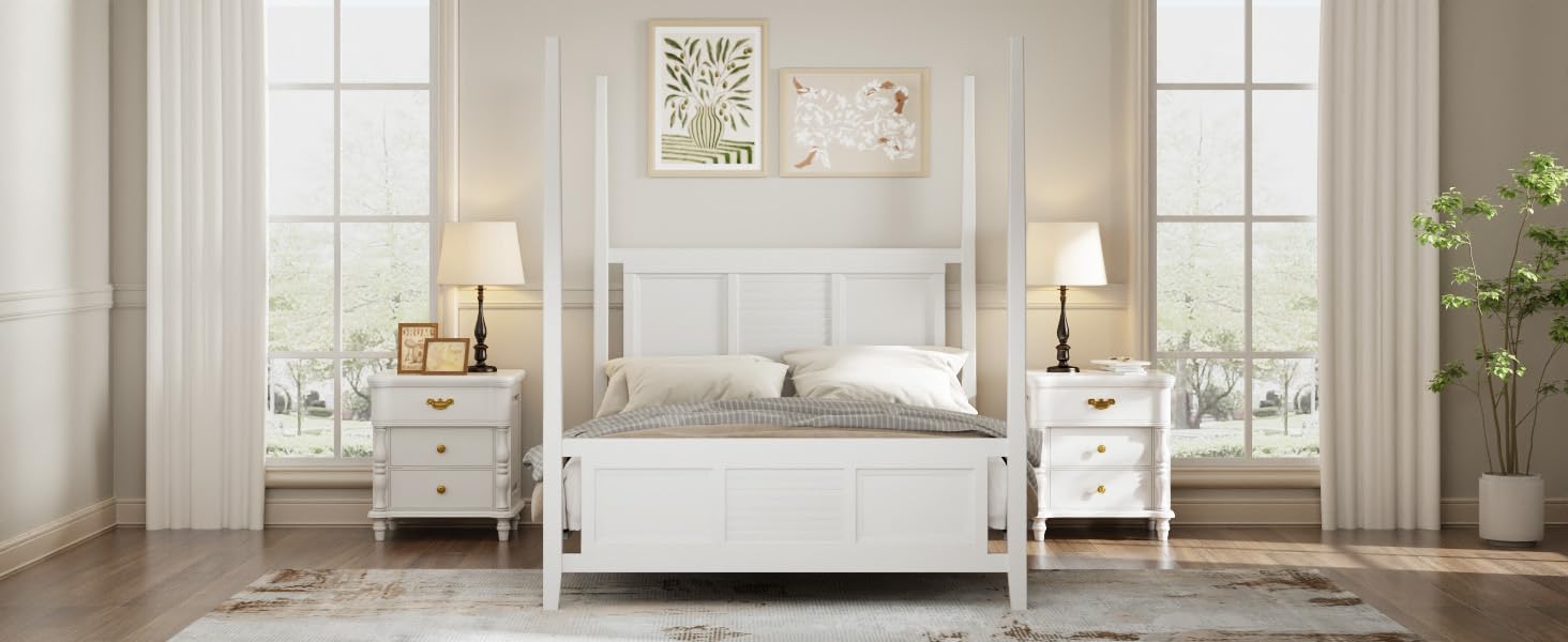 Traditional Queen Size Solid Wood Four Poster Bed with Grille Design, White for Bedroom