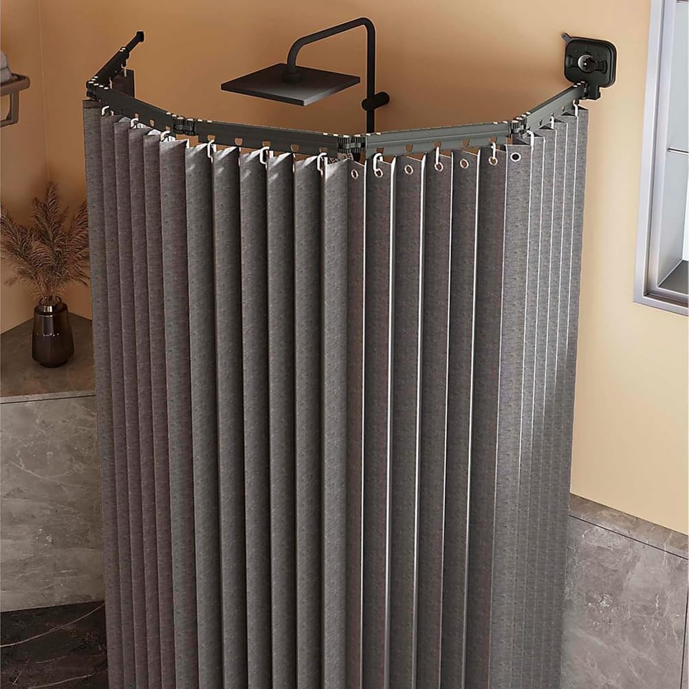 Generico Tenda da Doccia Senza Fori con Asta,Asta per Tenda da Doccia a Forma di L/U,Ventosa Potente,Tende da Doccia Pieghevoli, con Angolazione Regolabile,per Vasche da Bagno,Dark Gray,3 Folds