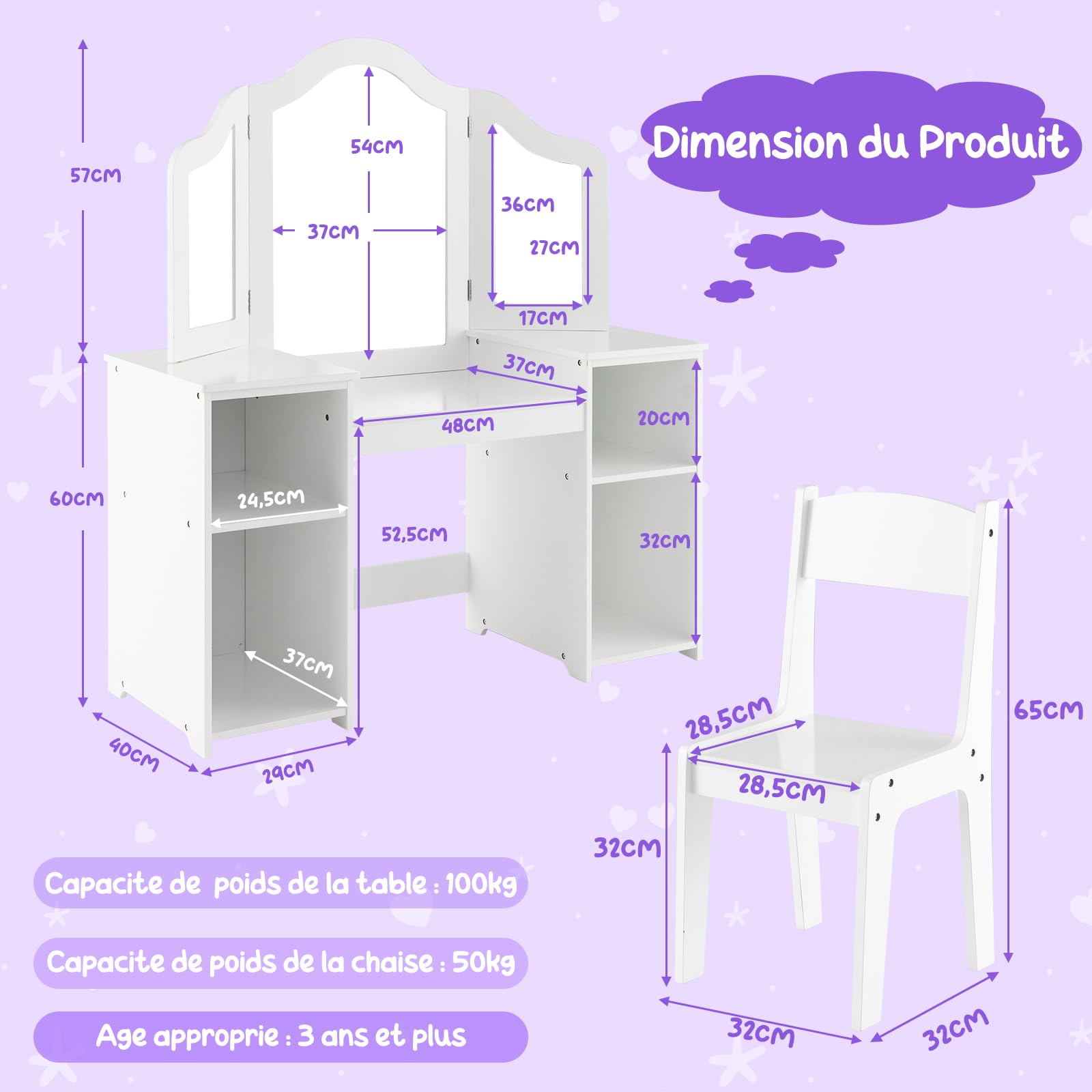 DREAMADE 2 en 1 Coiffeuse Enfants Fille avec Tabouret,Table de Maquillage Princesse avec Miroir Triptyque Amovible,4 Étagères Ouvertes (Blanc+Tabouret)