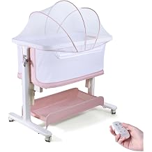 3 Rocking Speeds Electric Baby Bassinet, Electric Rocking Bassinet for Baby 0-6 Months, 8 Soothing Sounds, Remote Control, 5 Height Adjustments, Lockable Wheels & Storage Basket, Blush Pink