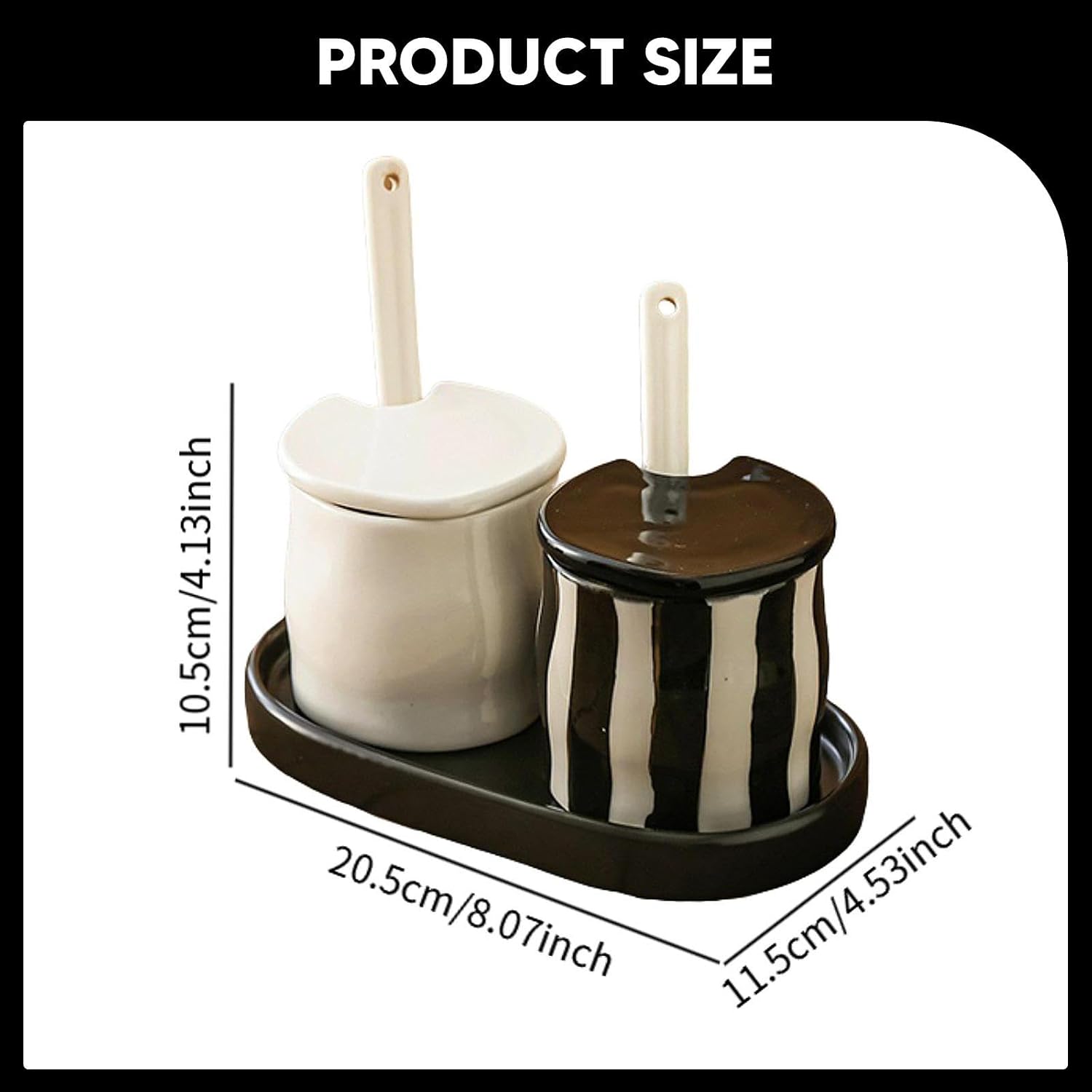 Condiment Jar with Holder Tray Bowl Sugar Dispenser Round with Lids and Spoons Spice Containers Set for Countertop Home, Black White