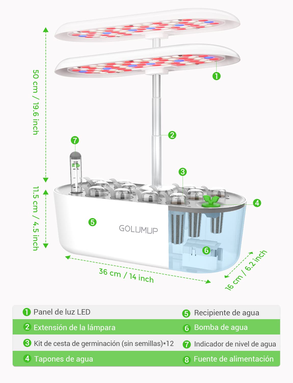 Sistema de Cultivo Hidropónico Kit de Cultivo Interior con Iluminación LED Automática, Huerto Interior con Temporizador Automático, Altura Ajustable (12 Vainas)