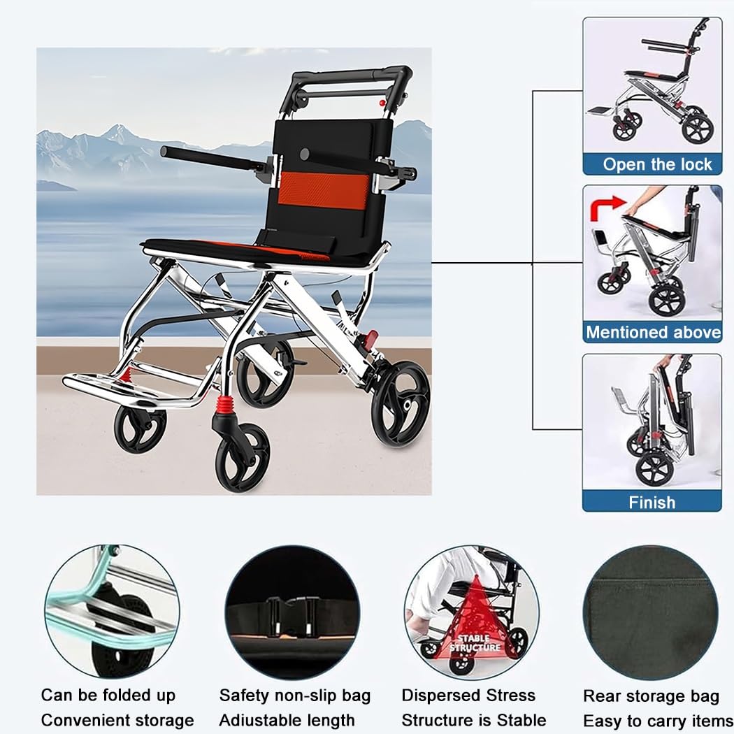 Sillas De Ruedas Plegables Ligeras, Multiusos Portátiles Sillas Ruedas, Silla con Ruedas con Freno De Mano, Reposapiés Y Apoyabrazos