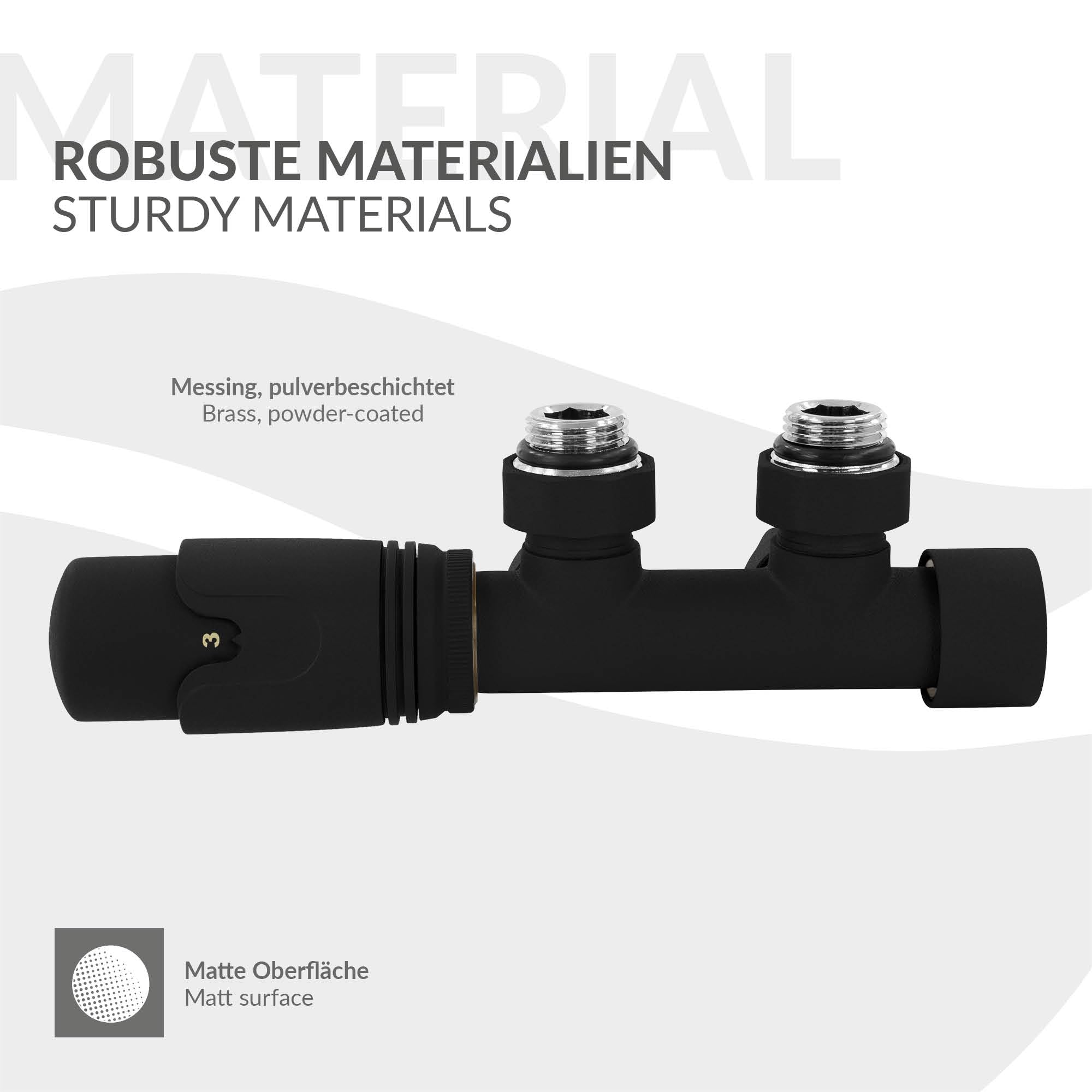 LuxeBath Ventil-Armaturen Set Multiblock Schwarz Eckform Rohre aus Wand mit Thermostatkopf für Badheizkörper Mittelanschluss Anschlussgarnitur Anschlussarmatur Hahnblock Heizkörperventil Eckausführung