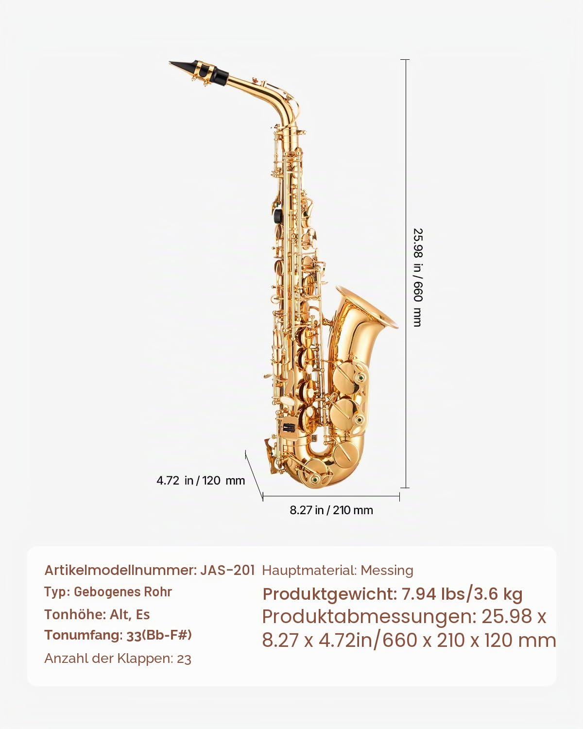 VEVOR Altsaxophon, E-Dur, Messingsaxophon-Anfängerset mit Tragetasche, Mundstück, Gurten, Reinigungstuch, Handschuhen, Fett, Umhängeband, 23 Tasten Altsaxophon-Set, für Anfänger & Schüler, Gold