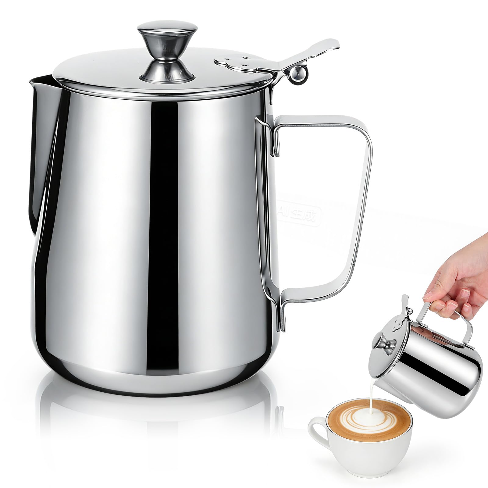 Brocca per latte con coperchio, brocca per montalatte da 600 ml/1000 ml brocca per latte in acciaio inossidabile tazza brocca per schiuma di latte con manico per caffè latte Art (600 ml)