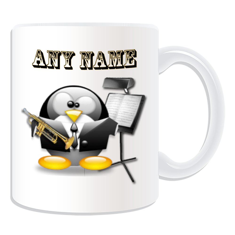 UNIGIFT Personalised Gift - Trumpet Mug (Penguin in Costume Design Theme, White) - Any Name/Message on Your Unique - Symphony - Music Musical Instrument