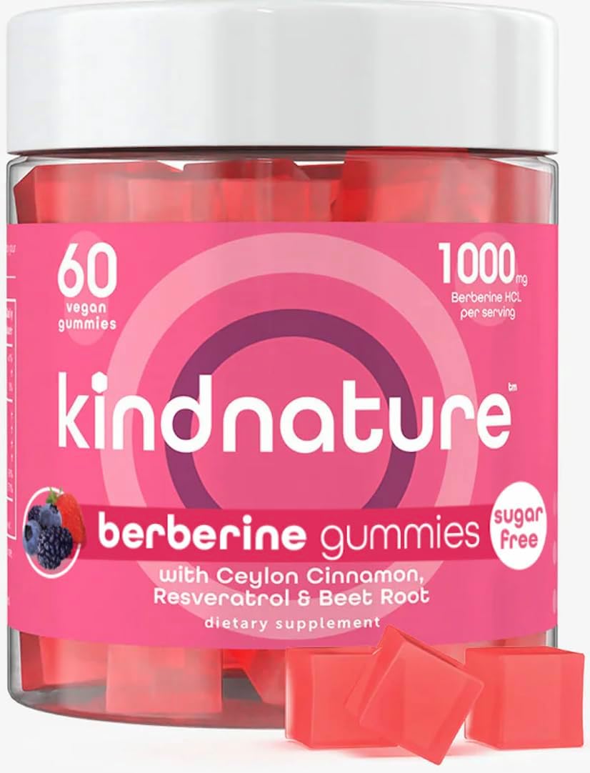 kindnature Berberine Gummies 1000mg with Ceylon Cinnamon & Resveratrol – 6-in-1 Blood Sugar Support Supplement – Metabolism & Weight Wellness – Sugar-Free, Vegan, Non-GMO