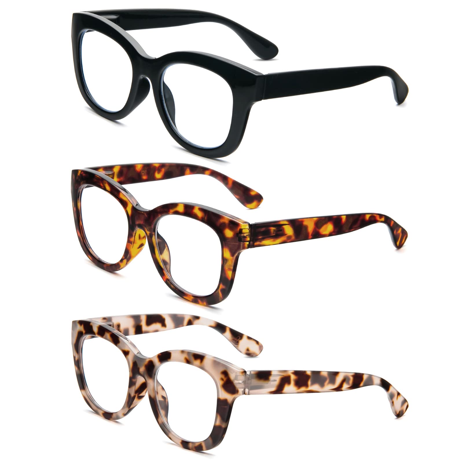 KoKoBin Confezione da 3 Occhiali da Lettura Rotondi Oversize Donna Uomo Anti Luce Blu Computer Cerniera a Molla Reader (Confezione da 3, 1)