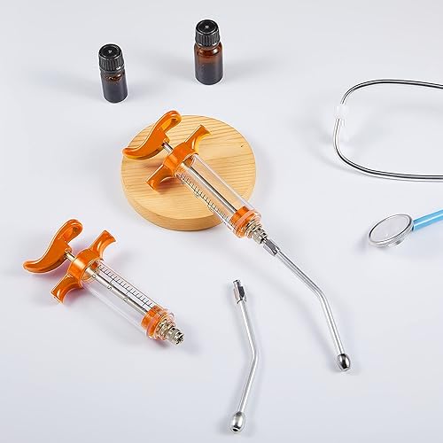 Miniatura 6 de Jeringa de 2 piezas con 2 boquillas de empapamiento, dosis ajustable, reutilizable, para ovejas, cabras (naranja, 0.7 fl oz)