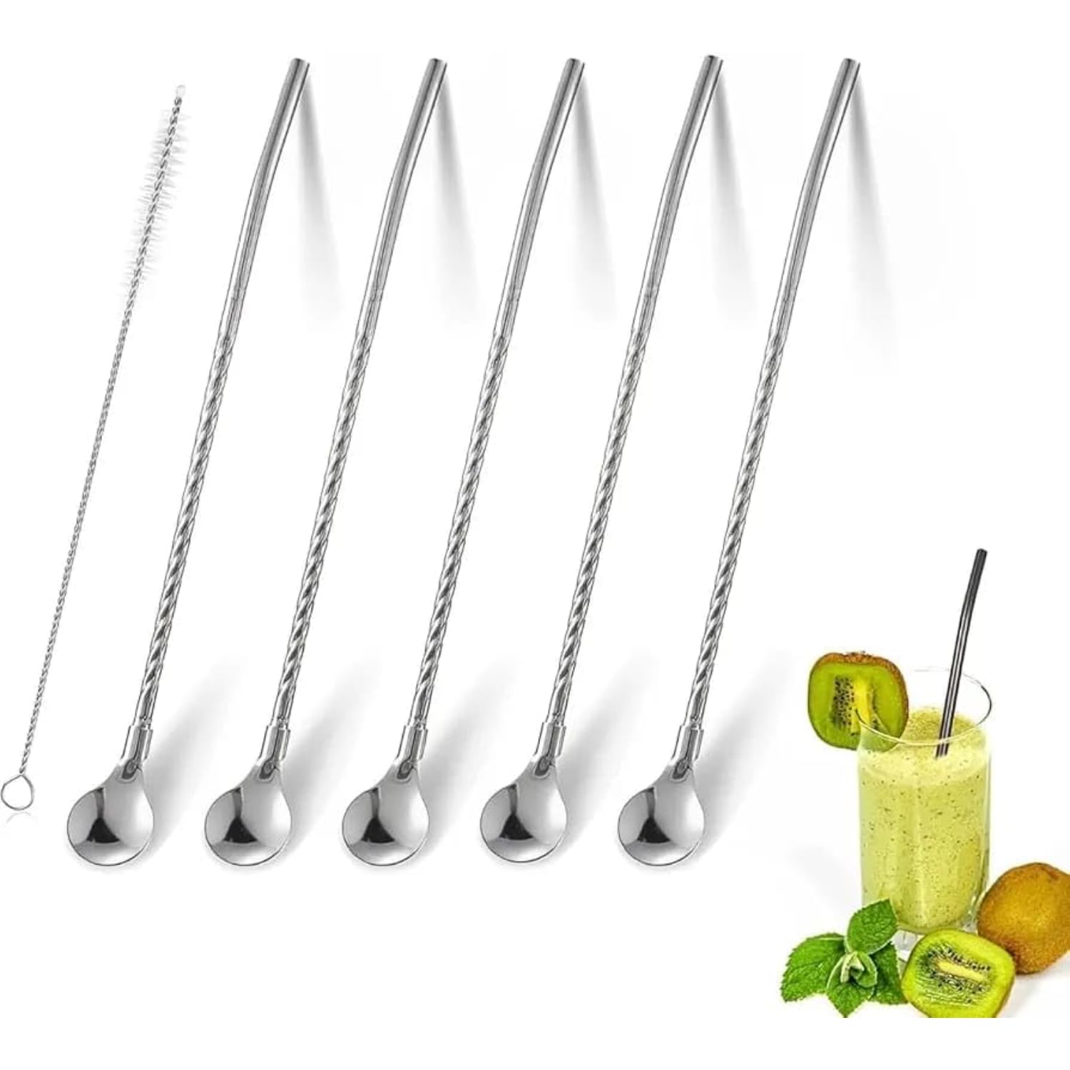 Reusable Stainless Steel Drinking Straw Spoons with Cleaning Brush, Long Spoon Straws for Coffee, Milkshakes & Cocktails, Stirrer Spoon for Kids & Adults, Eco-Friendly Metal Straws-image-47