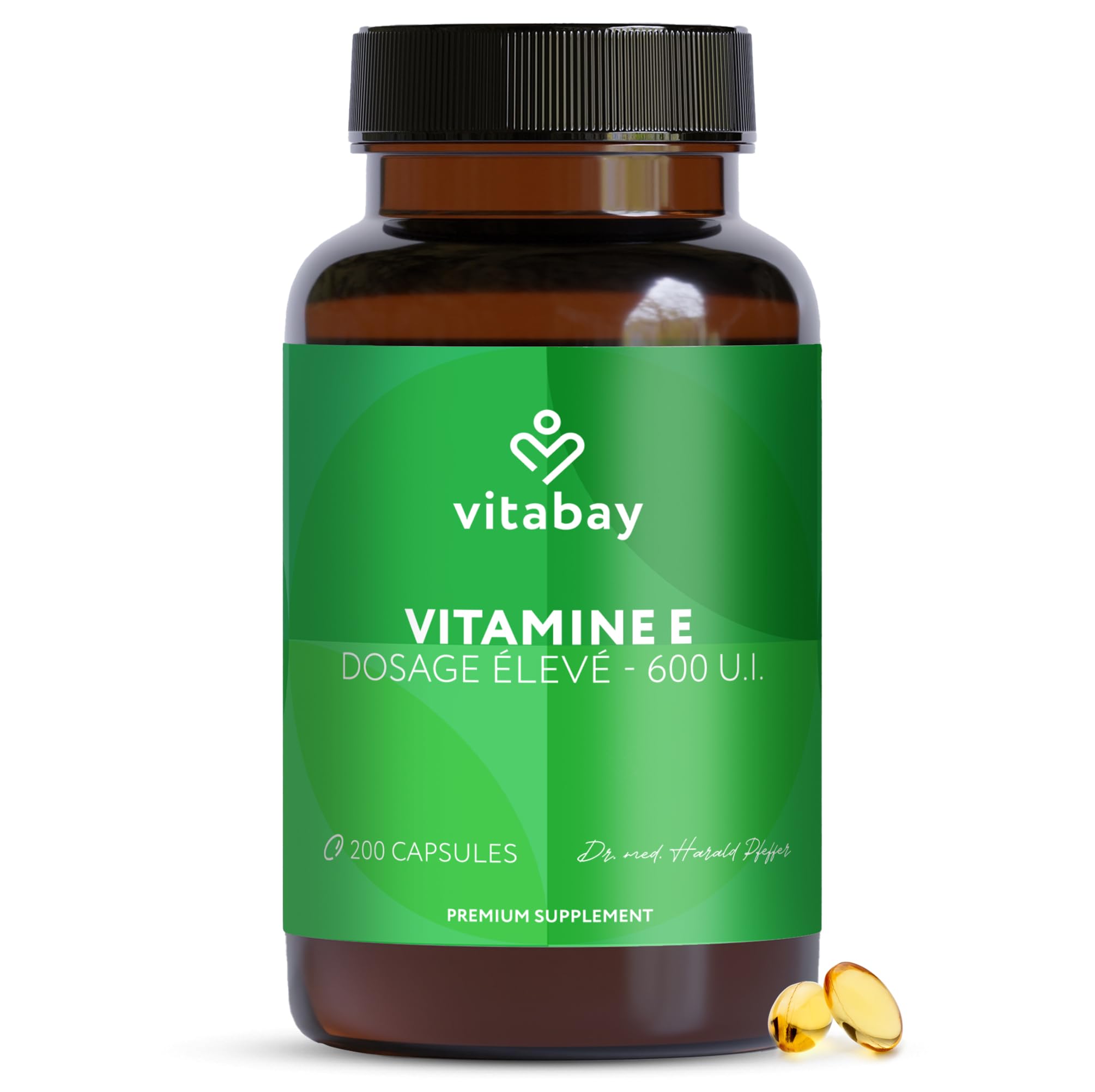 Vitabay Vitamine E 600 IE Depot - 200 softgels végétaliens - D-alpha tocophérol naturel - haut dosage - protection cellulaire contre le stress oxydatif - testé en laboratoire - 12 mois