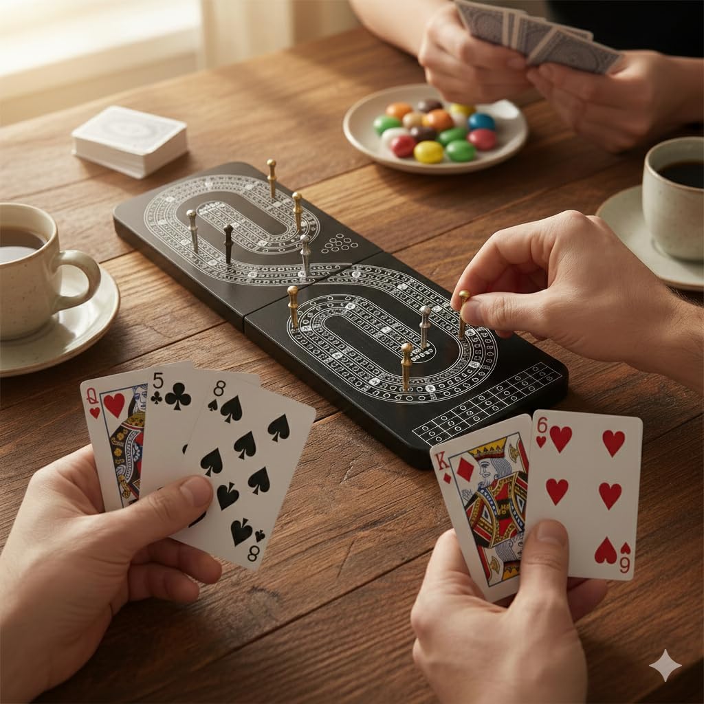 Foldable Wooden Cribbage Board Game Set - Unique S-Shaped 3 Track Black Cribbage Board with Storage, 9 Metal Pegs & Playing Cards - Portable Travel Board Game for Adults, Kids & Seniors