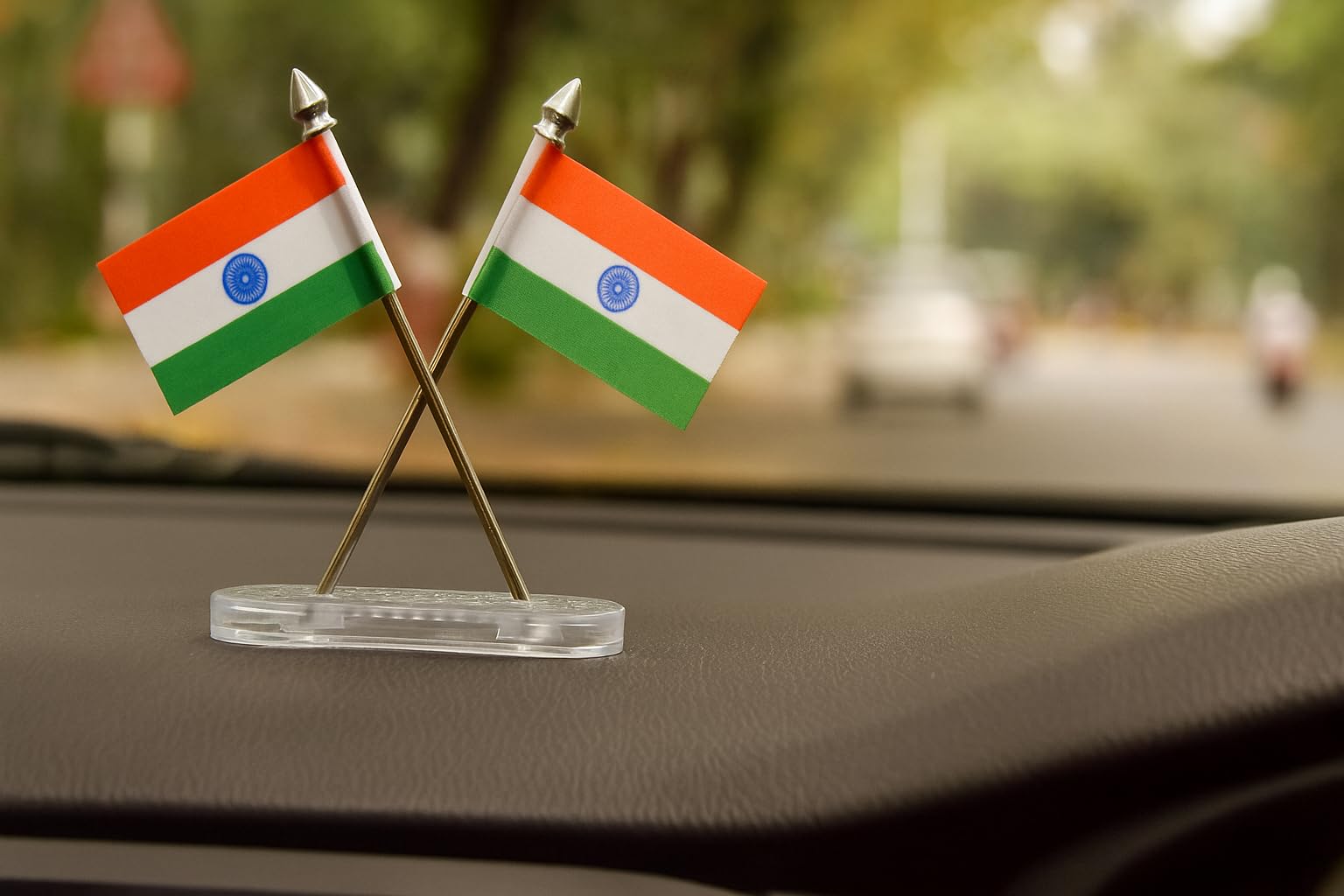 Indian National Flag for Car Dashboard & Desk, Double-Sided Tricolour with Crystal Plastic Stand, 20 x 10 cm, Silver Poles-image-19