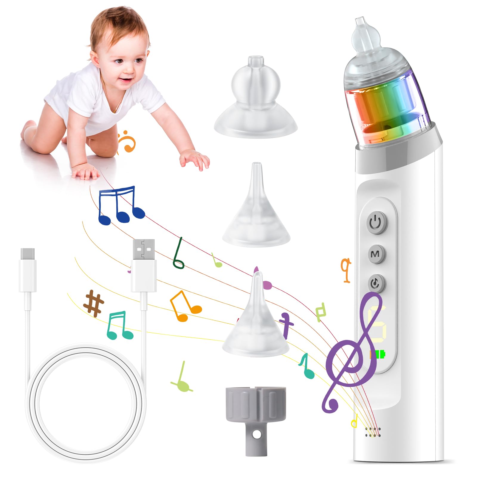 Anluomania Nasensauger Baby Elektrisch, Nasensauger Baby Staubsauger Wiederaufladbar 68 kPa Saugkraft, Elektrischer Nasenreiniger mit 5 Saugstufen und 3 Silikonspitzen Nasal Aspirator, Musik, Licht