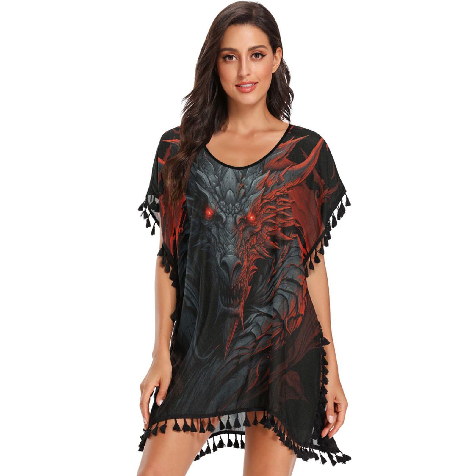 Red Dragon Scary Art Women's Beach Cover Up Chiffon Tassel Swimwear Swimsuit Coverups for Girl