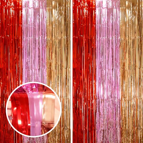Image of Voircoloria 2 Pack Valentine Foil Fringe Backdrop Curtains, Tinsel Streamers Party Decorations, Fringe Backdrop, Door Shimmer for Valentine or Birthday Party