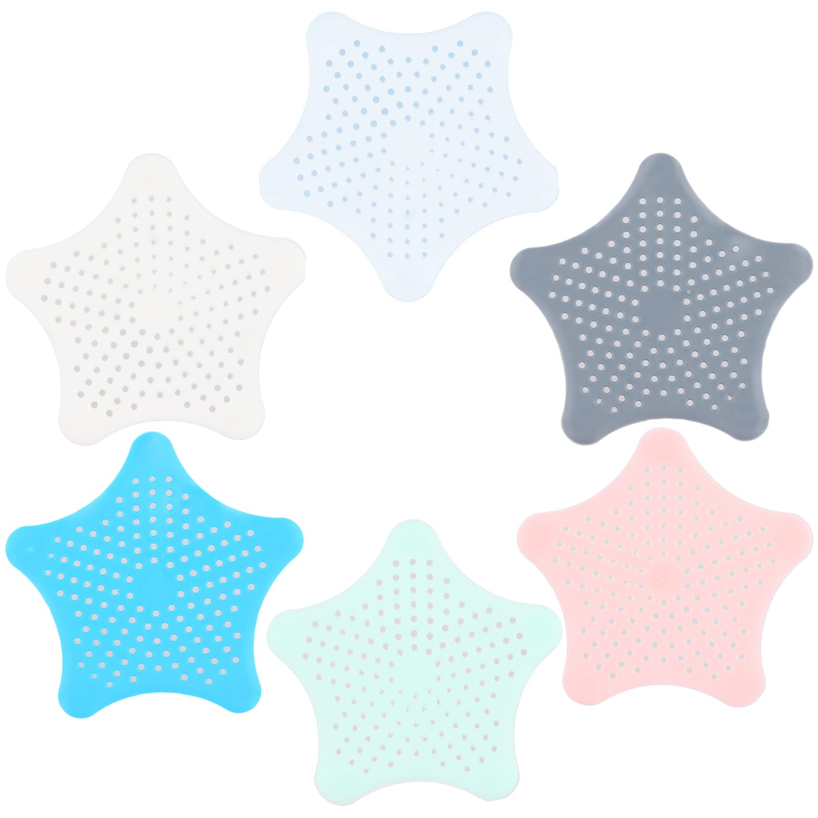 6Pcs Drain Cover and Hair Catcher, Star Silicone Drain Protector, Sink Strainer with Suction Cups, Universal Multicolor Drain Sink Plughole Covers Set for Bathroom, Bathtub & Kitchen