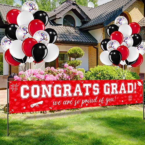 Image of 37Pcs Graduation Banner Balloon Decorations Class of 2026, Congrats Grad Banner Yard Outdoor Decorations, Graduation Balloons Banner Set for High School College Graduation Party Supplies, Red