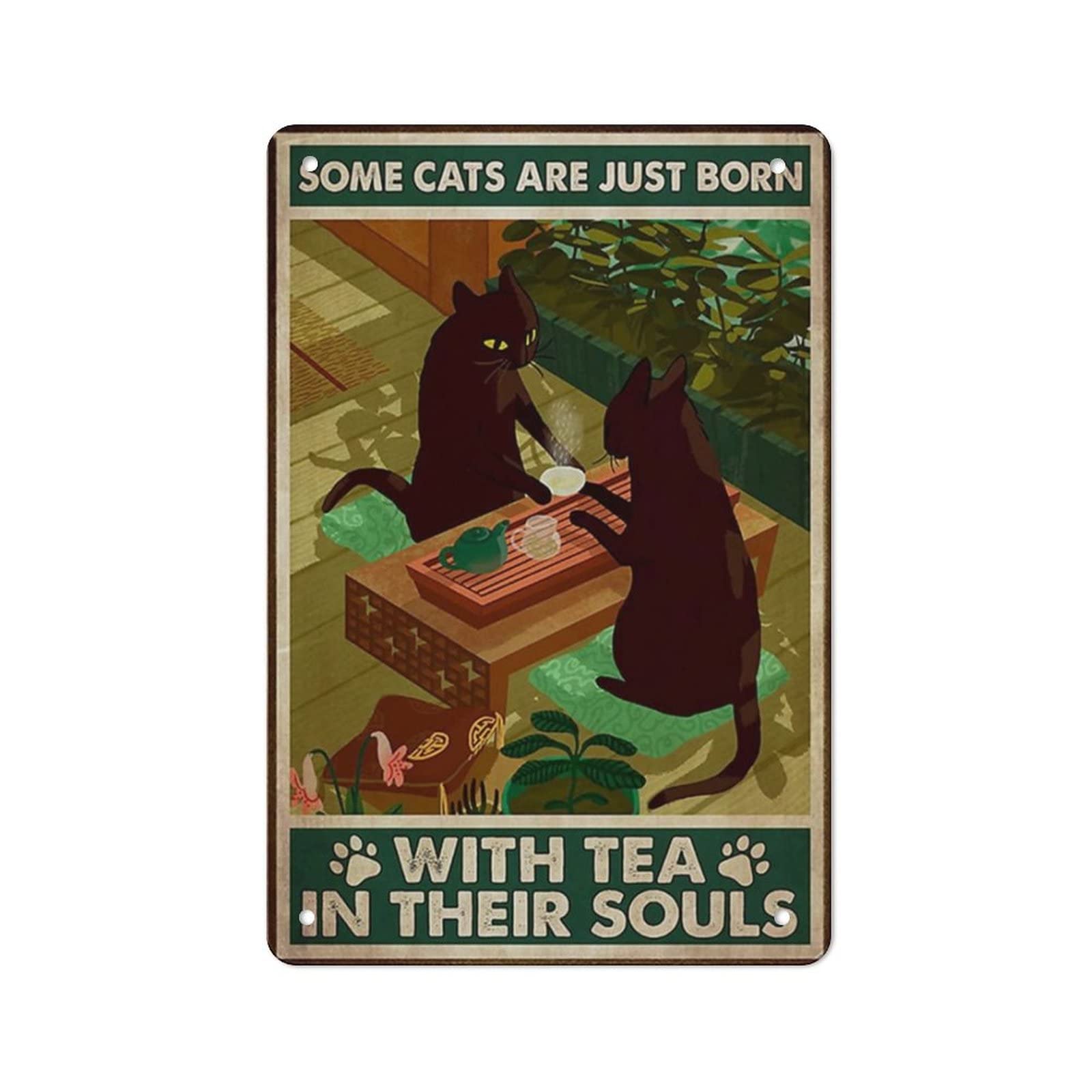 AOOEDM Cat Born With Tea Metal Tin Sign for Home Bar Pub Kitchen Wall Art Deocr Man Cave Vintage Metal Sign Poster Plaque Signs Quotes Sign