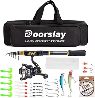 ايكام مجموعة كاملة من صنارة صيد تلسكوبية وبكرة صيد دوارة مع خيط صيد بطول 100 متر وطعوم وراس خطاف وشنطة حمل للصيد (2.1 متر)