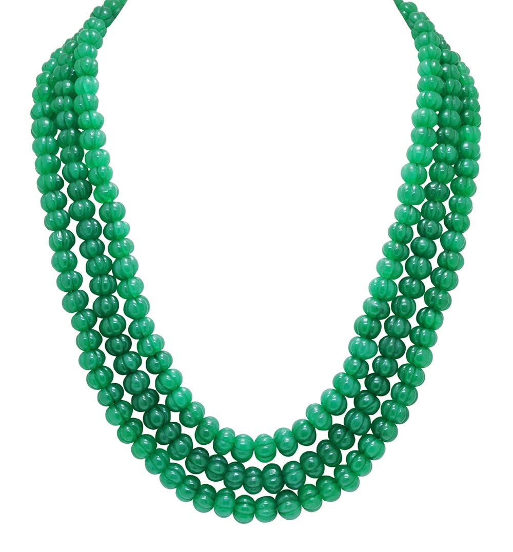 3 Rows Of Necklace Emerald Gemstone Melon Bead Em-1086 (Green)-image-26