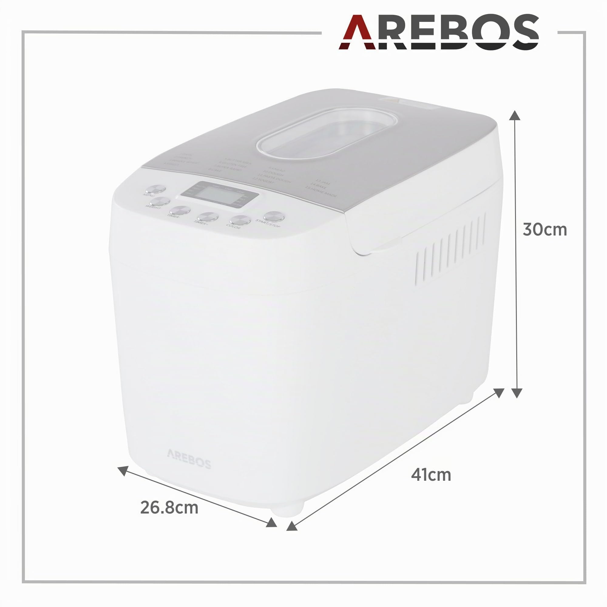 Arebos Macchina per il pane 1500 g | con 15 programmi | 2 ganci per impastare | timer | display LCD | 3 livelli di doratura e dimensioni del pane | 850 W | Bianco
