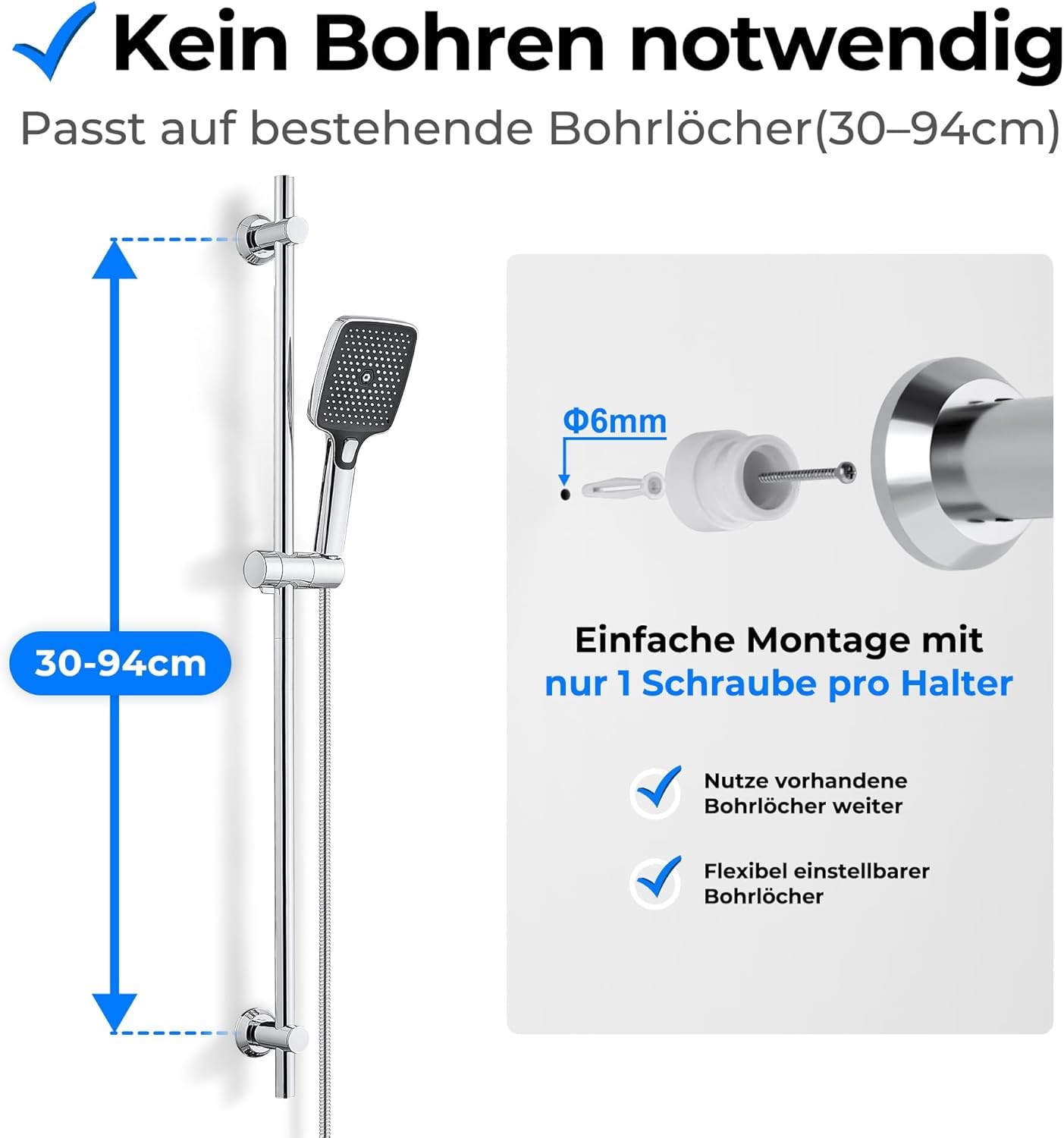 Görbach Duschstange -100 cm Edelstahl Brausestange– 22 mm Ø, flexibel 30–94 cm verstellbare Wandhalter, passend für vorhandene Bohrlöcher, höhenverstellbar & passend für alle Handbrausen